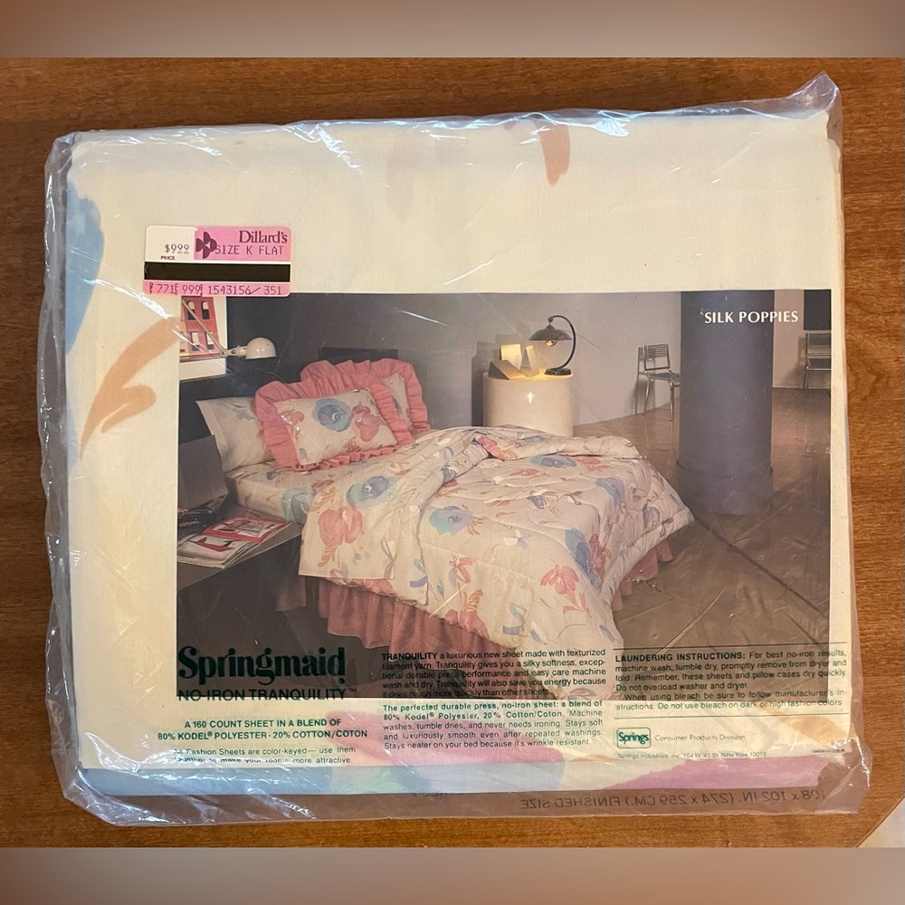 VTG NEW Springmaid Silk Poppies Floral King Flat Sheet No-Iron Sealed NOS - Picture 3 of 3